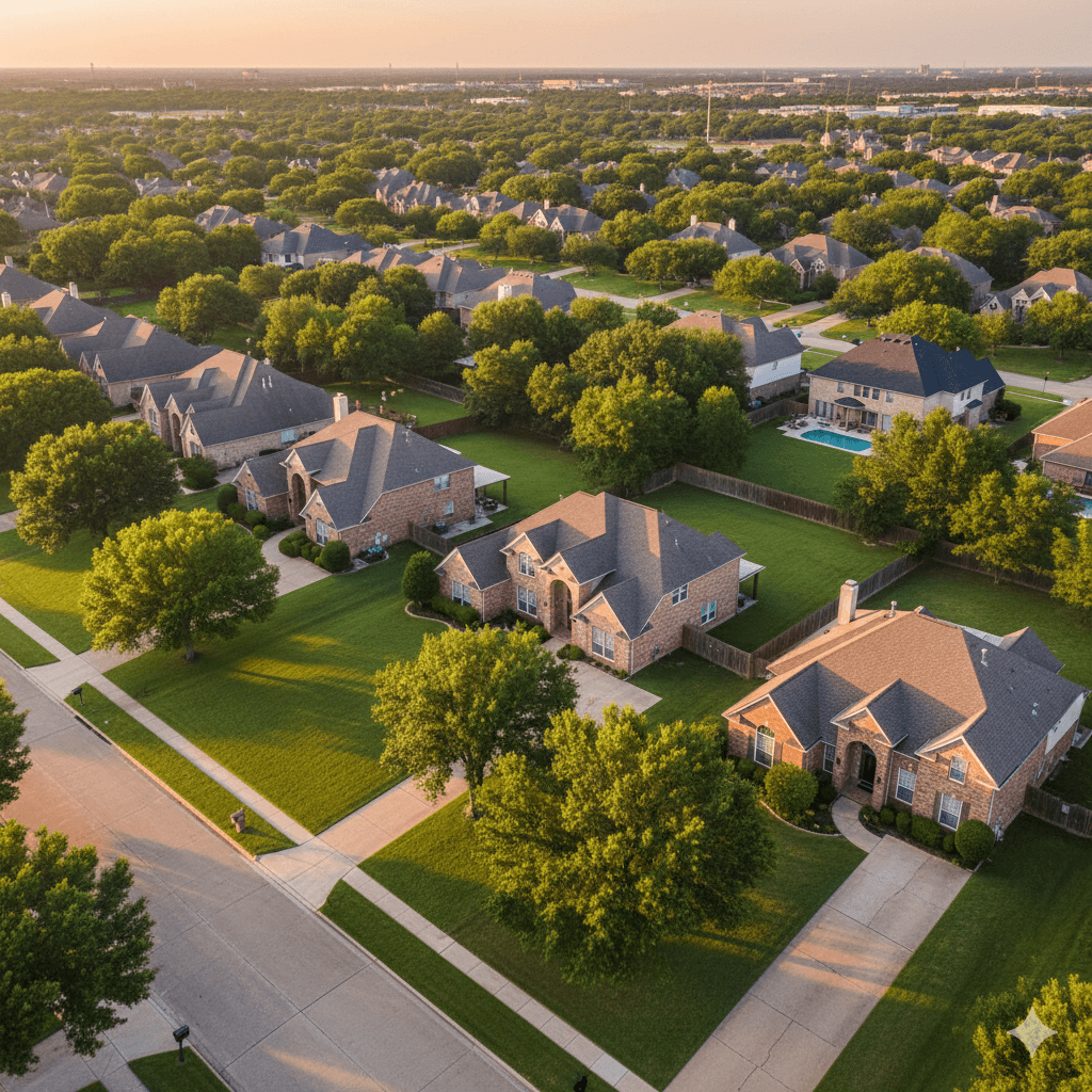 Aerial view of Houston suburban neighborhoods with lush green lawns